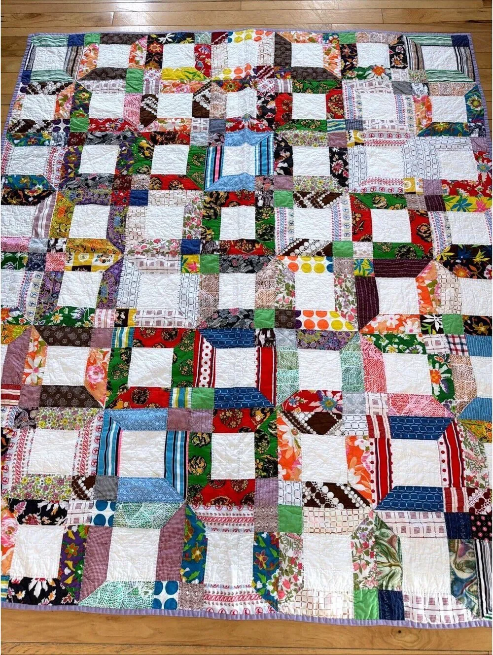 VTG 1970s Quilt Hand Stitched Squares Awesome Retro Fabrics Colorful 56x77”